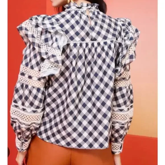 Womens Marie Oliver Que Blouse - Indigo Plaid Size XS EUC! - Picture 2 of 6